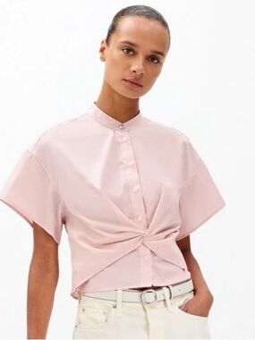 rag & bone Pink Cropped Twist-Front Button Down Shirt